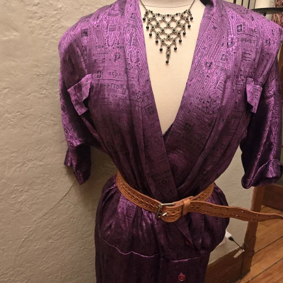 Vintage Dan Vali Silk Dress Purple Metallic Midi Belted Statement Canada - Picture 4 of 11